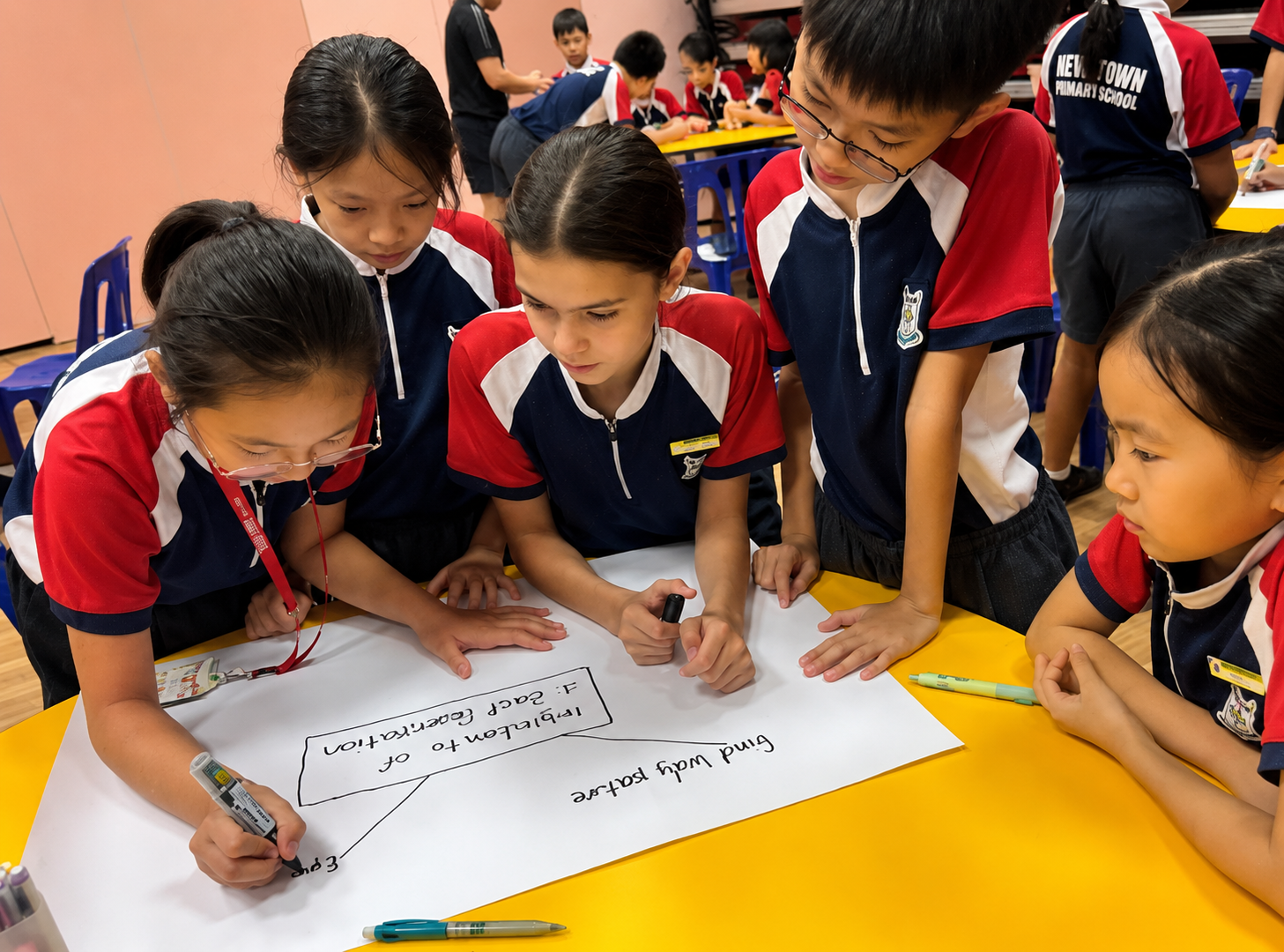 Four young students in red and white uniforms lean over a large white poster on a yellow table, writing notes together.